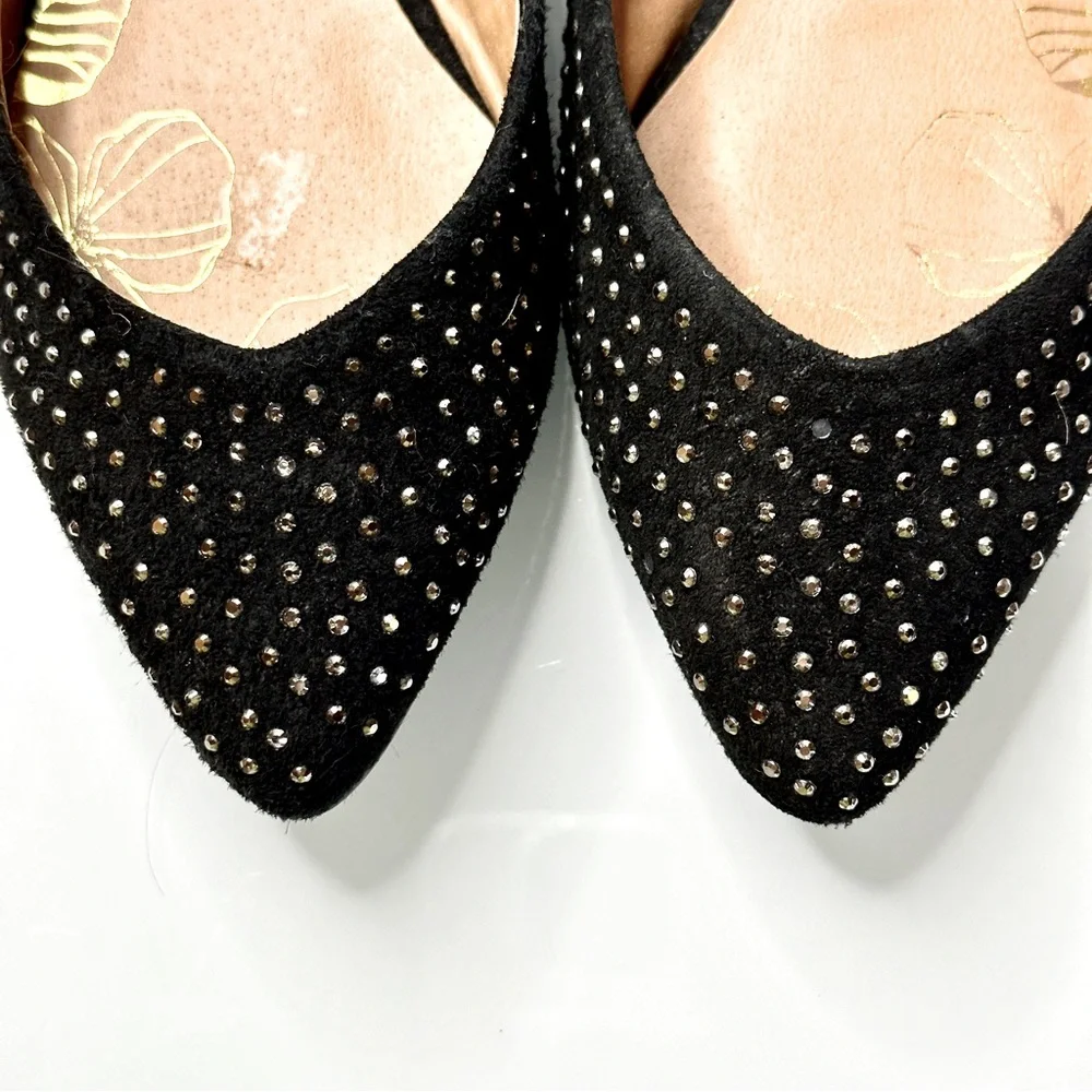 YELLOWBOX Black Suede Leather Pointy Toe Flats Sparkle Studs 7